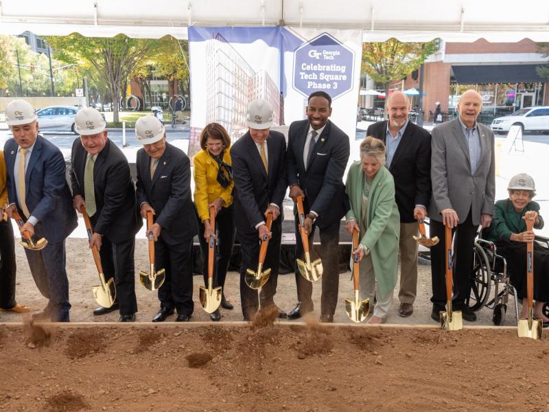 Georgia Tech leadership, donors, and state and local leaders break ground at the site of the future Scheller Tower and George Tower.